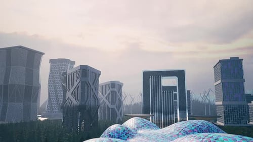 Paisaje urbano futurista con edificios de alta tecnología y vehículos voladores