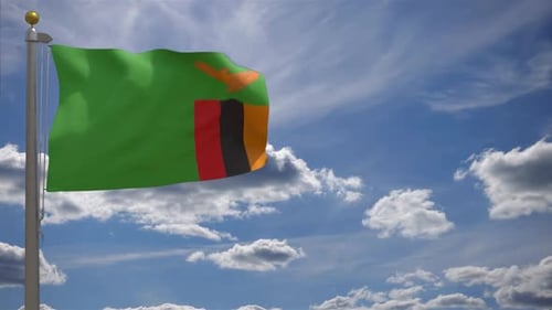 Realistic Zambia Flag Waving in Blue Sky with Clouds