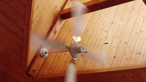 Ceiling Fan Spinning on Wooden Ceiling