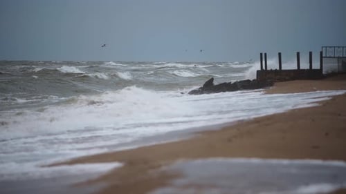 Choppy Sea Waves Crash on Sandy Shore with Birds Flying Over Stormy Water Desolate Beach Scene Under