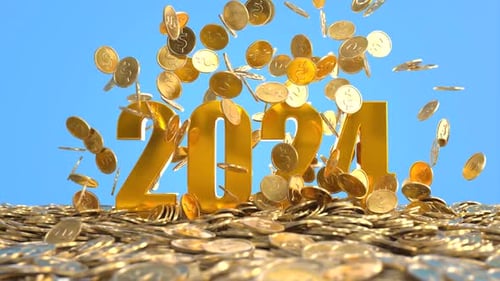 Golden 2024 Rising From Coins With Falling Dollar Symbols
