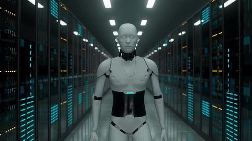 CGI Robot Standing in Server Room