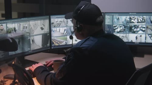 Security Guard Uses Software with Surveillance Cameras Playback