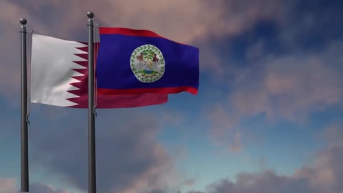 Realistic Flags of Qatar and Belize Waving in Blue Sky