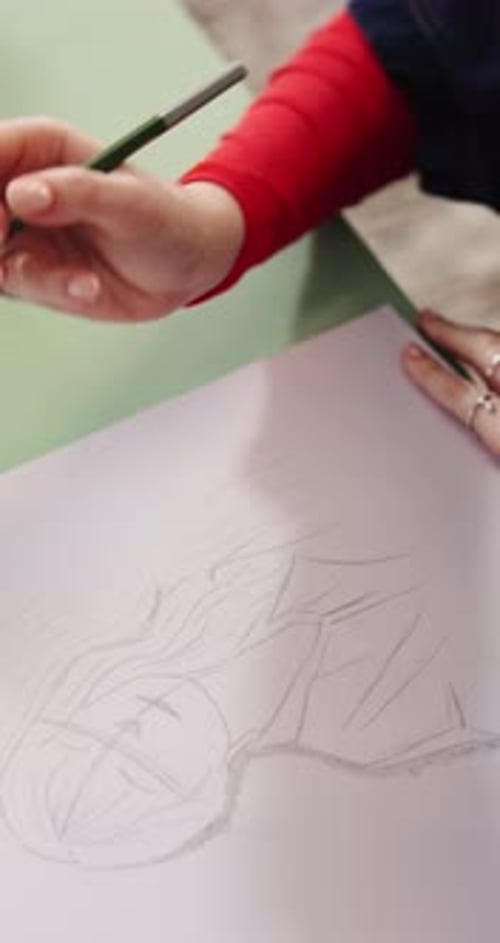 Sketching, pencil and hands with picture in studio, creativity and visual arts course for skills