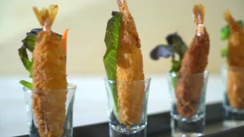Fried Shrimp Appetizers Presented in Shot Glasses