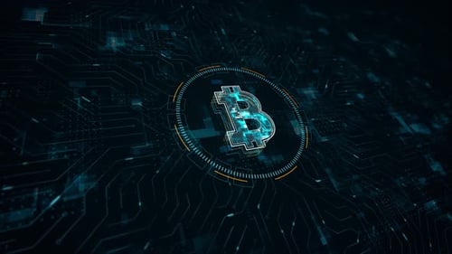 Blue digital money logo crypto currency and futuristic technology circle HUD with circuit board