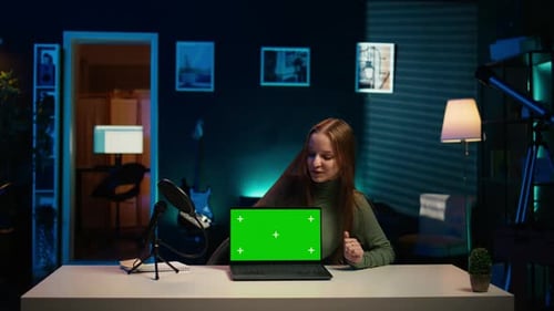 Young Entertainer Presenting Green Screen Laptop From Brand Sponsoring Video