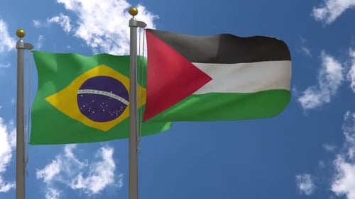 Brazil and Palestine Flags Waving on Flagpoles