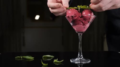 Gourmet Ice Cream Garnished with Fresh Basil