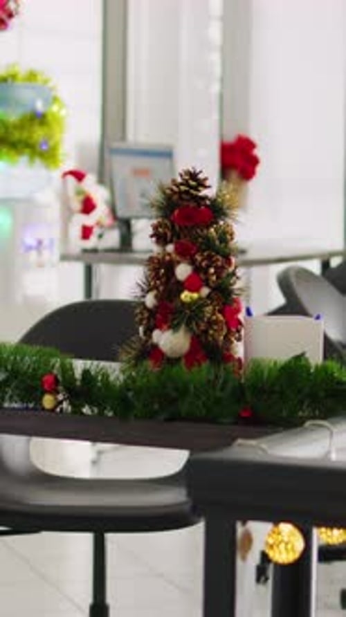 Vertical Video Mini Christmas Pine Tree in Office