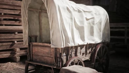 Vagón de madera cubierto que descansa en una granja durante la luz del sol de la tarde