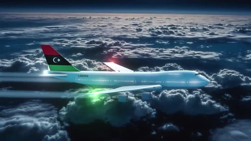 Commercial Airliner Passanger Plane Jumbo Jet Flying At Night Over Clouds With Country Flag Libya