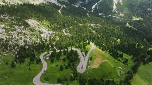 Winding Mountain Road through Verdant Forests and Meadows, Alpine Landscape, 4K