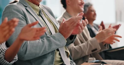 Audience, applause and colleagues in workshop for success or celebration, training session or group