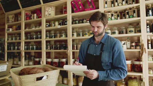 Young man working in a zero waste store with organic products and glass jars
