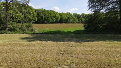 Drohnenflug über Ackerland und Wald.
