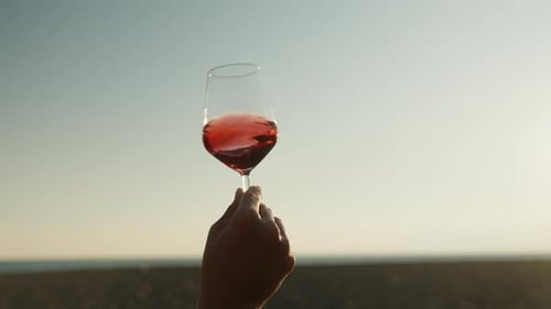 A romantic date on the seashore, a young woman rotates wine in a glass and looks at the sunset. Clos