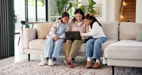 Video game, mom or children in house with laptop, playing together or good time in digital contest