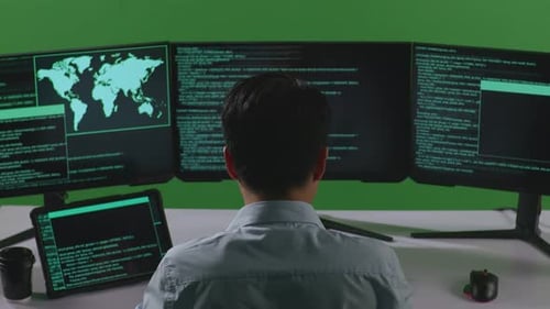 Asian Man Working With Tablet While Write Code With Multiple Computer Screens In Green Screen