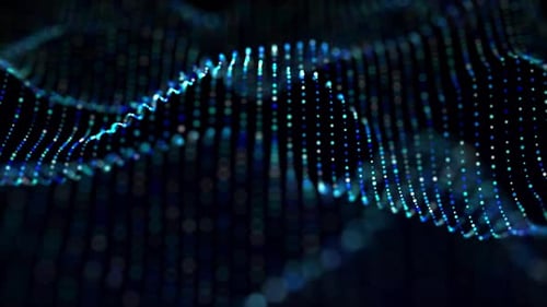 Abstract field of blue particle waves smoothly flowing on a dark background with soft glow effect