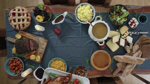 Overhead Shot of Thanksgiving Feast Food on Table