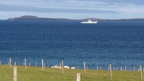 A Royal Navy Coastguard fisheries protection vessel sails on the Broadbay inlet. A herd of lambs and