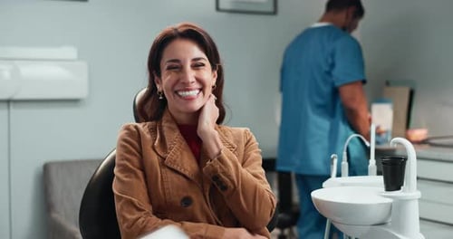 Happy woman, teeth and dental hygiene with dentist at clinic for veneers