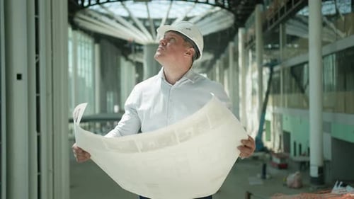 Construction Worker Architect Check Indoors Engineer Man Architect Building Site Drawing Blueprint