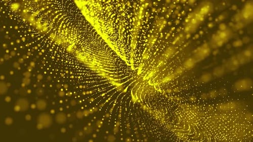 Abstract looping gold energy waves from futuristic hi-tech particles glowing background