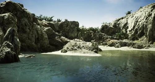 Tranquil Landscape of a Serene Water Body Surrounded By Rocky Terrain