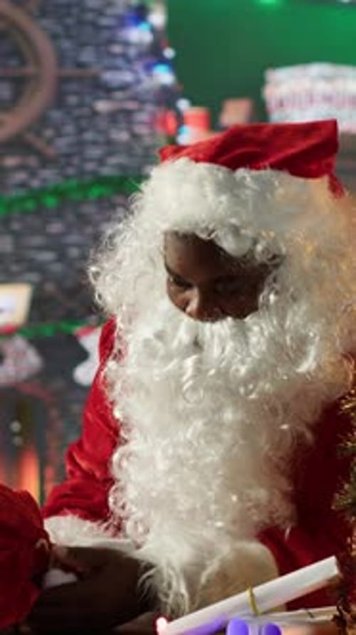 Vertical Video African American Saint Nick Filling Red Sack with Toys and Presents