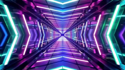 Futuristic Sci Fi Neon Tunnel Moving Forward in 3D Animation