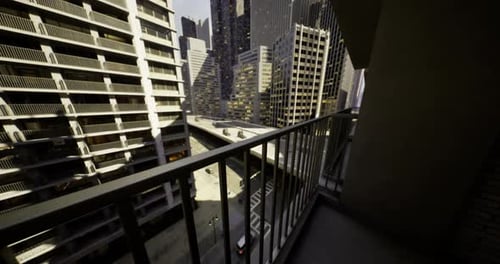 Balcony View Overlooking a Bustling Urban Street with Modern Buildings