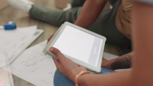 Couple, tablet or architecture blueprint planning in house living room, new home or real estate