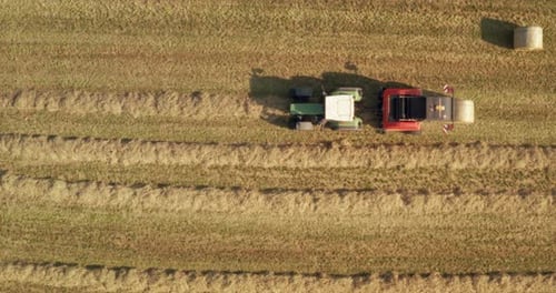 Aerial shot of farming tractor is collecting a straw on a field for making hay bales in a sunny da