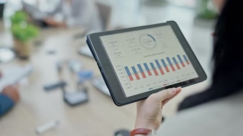 Business woman, hands and tablet for data analytics, statistics or graph