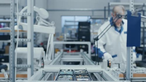 Lapa de temps d'ouvriers d'une usine électronique assemblant à la main des circuits imprimés pour smartphones pendant qu'ils