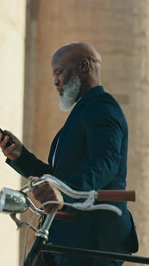 Phone, bike and black man in city for business, travel or communication
