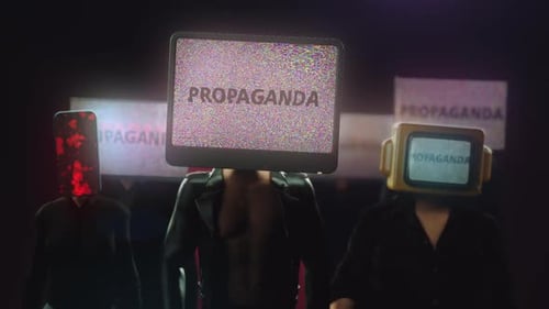 animation of a group of people with monitors instead of heads with the inscription propaganda