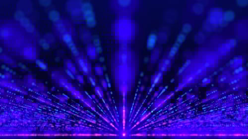 Blue light rays and shining particles on dark background. Endless shining light mirror tunnel.-