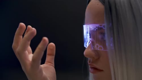 Thoughtful User Examining Checking VR Technologies Closeup. Blonde Woman Headset Exploring Metaverse