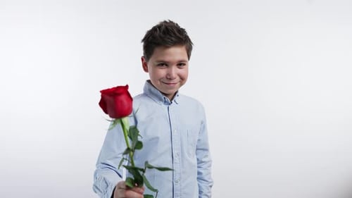 Smiling Boy Offering Red Rose to Viewer