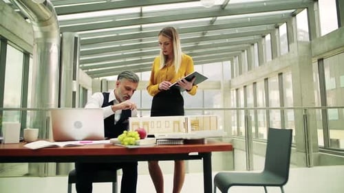 Two Architects with Model of a House in Office Talking