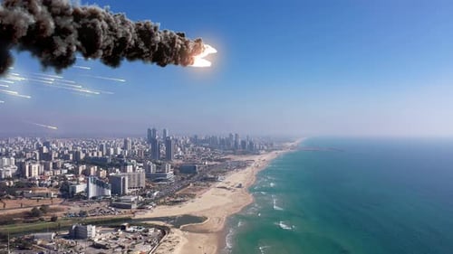Meteors burning above coastline city, Aerial