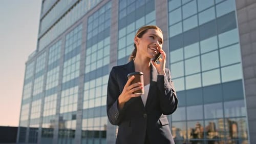 Successful Businesswoman Communicating Smartphone at Coffee Break Street Closeup