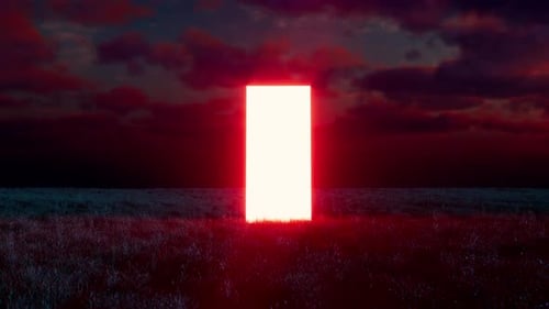 Bright glowing rectangular portal opening in a field at night