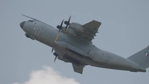 A400 M ATLAS military transport plane during flight with sharp turns