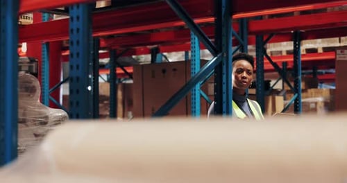 Logistics, counting and woman in warehouse with tablet for online inspection in export distribution