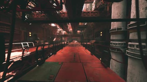 Dark Cyberpunk Corridor Illuminated By Shafts of Light and Heavy Shadows